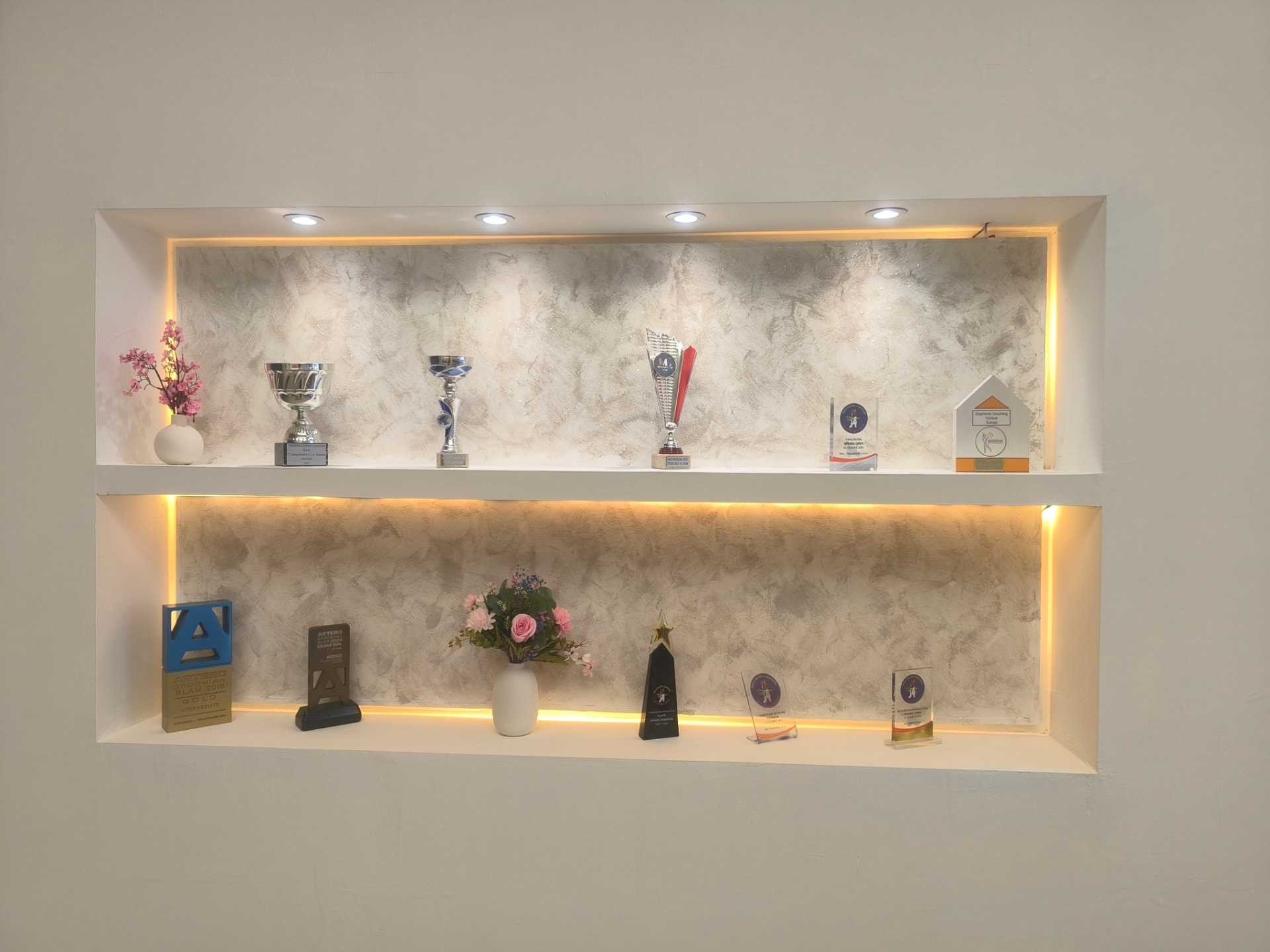 Vitrina iluminada con los trofeos y premios nacionales de Jennifer Rodríguez